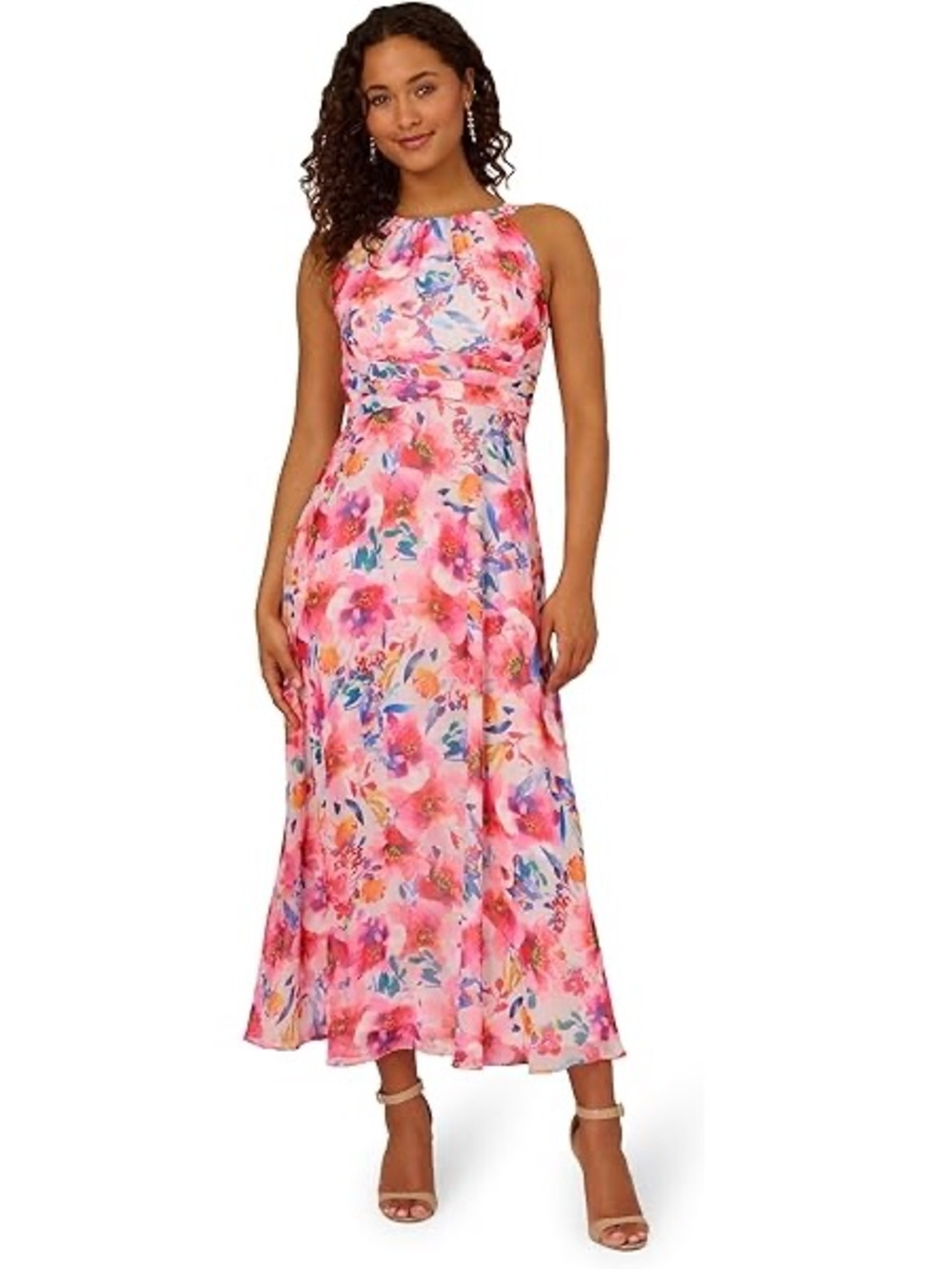 Adrianna Papell Floral Chiffon Midi Dress Pink Watercolor Sleeveless Fit&Flare 6